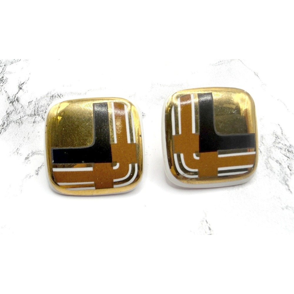 Vintage Geometric Clip On Earrings Gold Brown Black Retro Mod‎ 1"